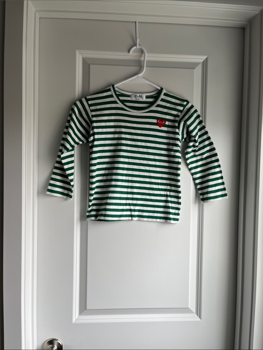 Comme des Garçons Kids Green & White Striped Long-Sleeve Tee with Red Heart